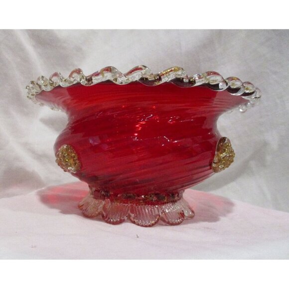 Bowl Vintage Art Blown Glass Golden crown E&R Italy Wedding Anniversary Birthday - Picture 1 of 6